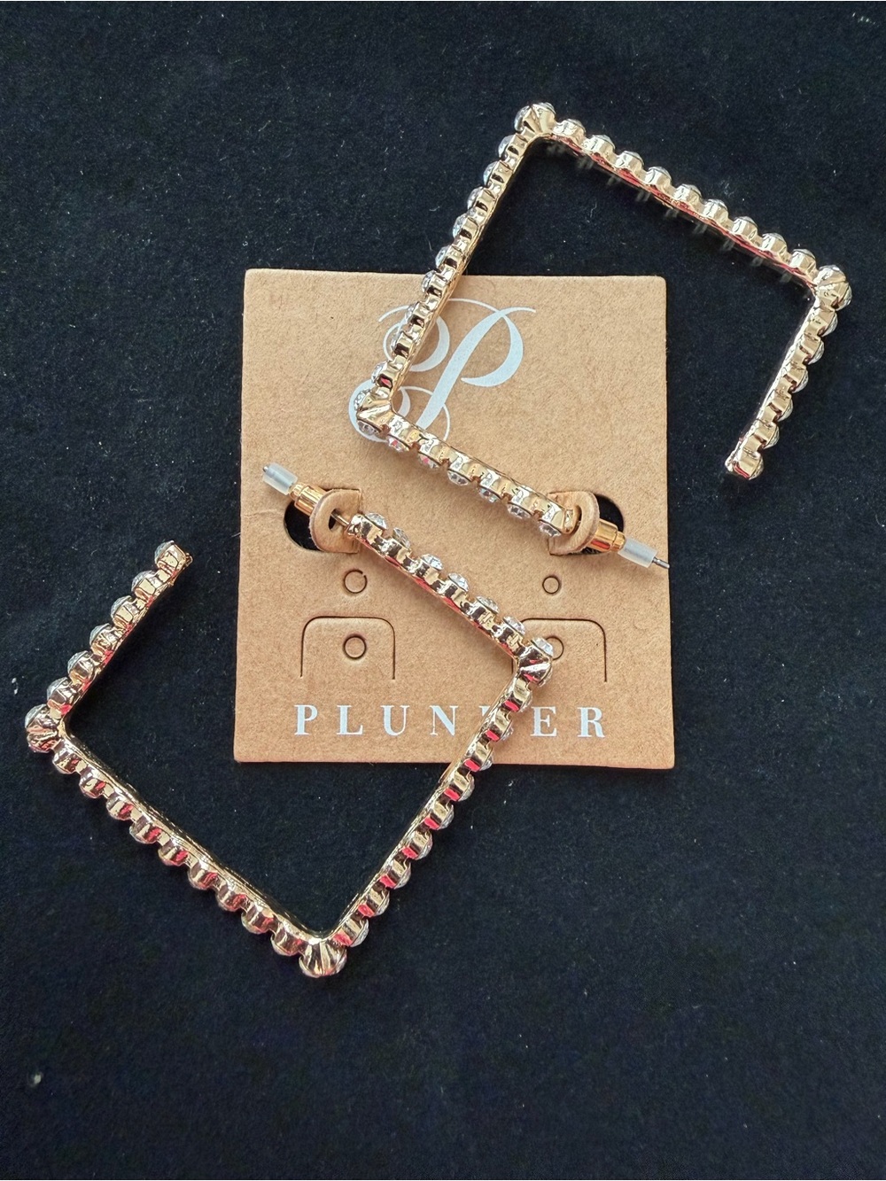 NWT. Plunder Gold Toned Crystal Square Hoop Earrings